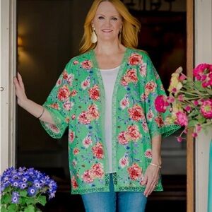 Pioneer Woman Linen Blend Duster Floral Lightweight kimono-style Crochet Trim